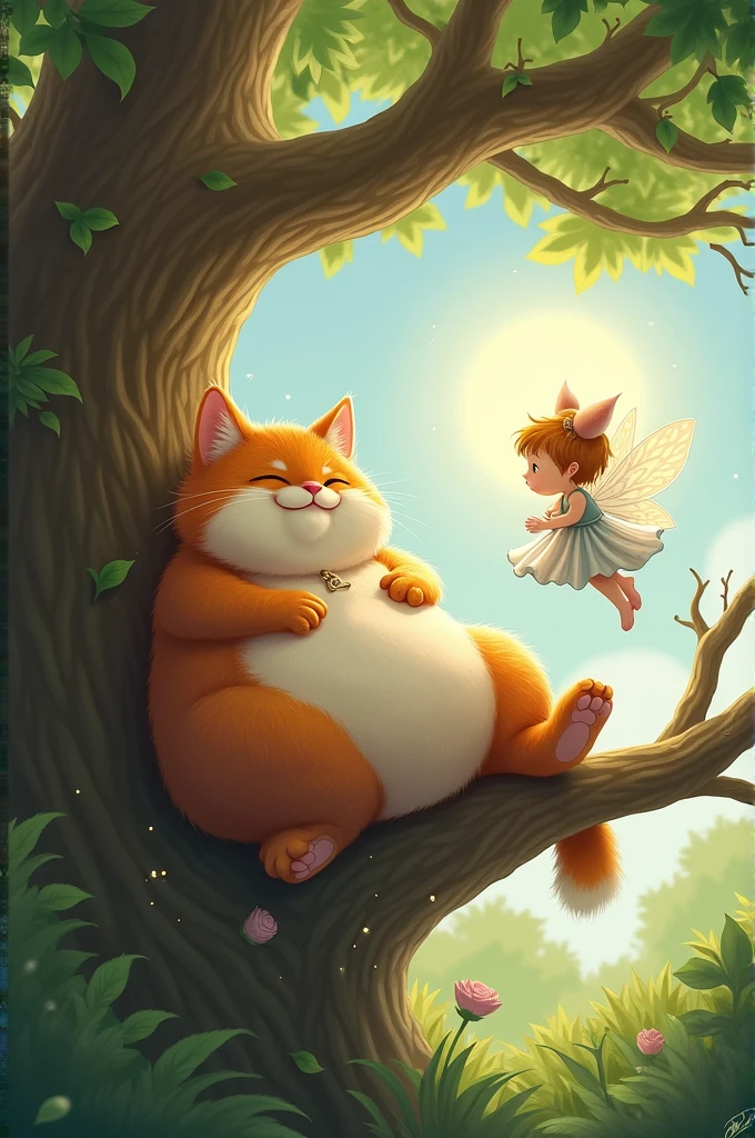 Can you make me a fat cat that is in a tree and is visited by a fairy godmother? (