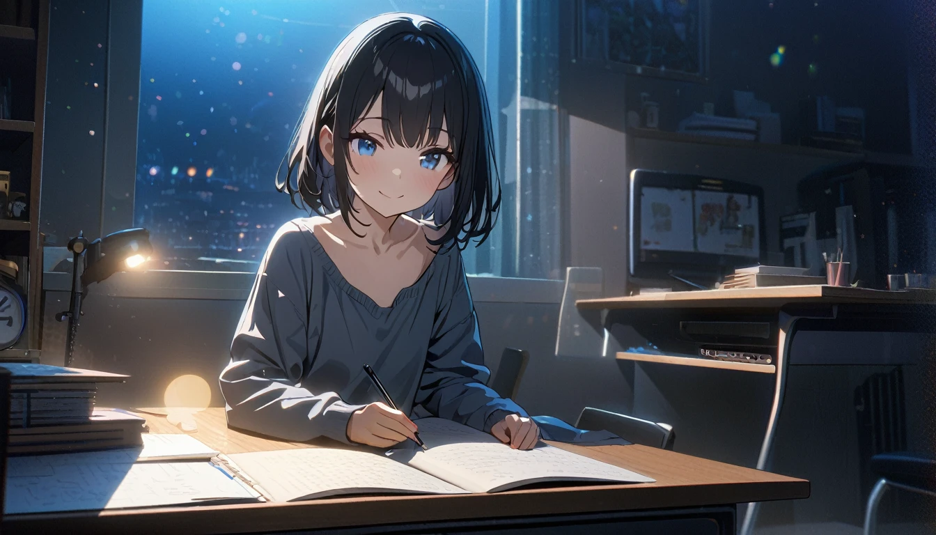((ultra-detailed))/(one women with short black hair and bob hair.、beautiful blue eyes,.、smile、gentle smile on her face、flat chest, one Beautiful girl,((masterpiece, illustration, best quality) ((ultra-detailed))/)Masterpiece\,sitting on her desk at her bedroom while its night time and she is studying with her notebook while there are some pants in the background,濃い青とBeautiful Blueのグラデーション, High resolution, 8K HD detail, hyper-detail, cinematic, surrealism, soft light, deep field focus bokeh, ray tracing and surrealism. --v6'