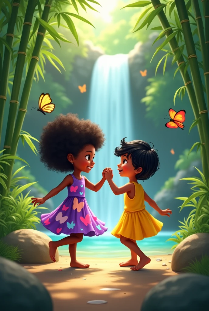  child with dark skin, purple and pink butterfly dress, curly black hair holding hands with  black child, medium wavy hair, yellow dress, happy barefoot in the BAMBUZAl of the CACHOEIRA with butterflies around