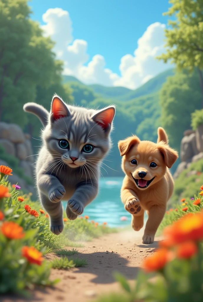 a playful race between a young, agile, gray-furred cat and a cheerful brown puppy. The cat is jumping, legs outstretched, as the dog leaps after him, ears flapping in the air. The setting is a green garden, dotted with colorful flowers and under a blue sky., in definite:1.3, sitting on a chair at the edge of the'a river, boat nearby, surrounded by'a forest and rocks, extremely detailed, funny, satirical surrealist scene, hyper realistic