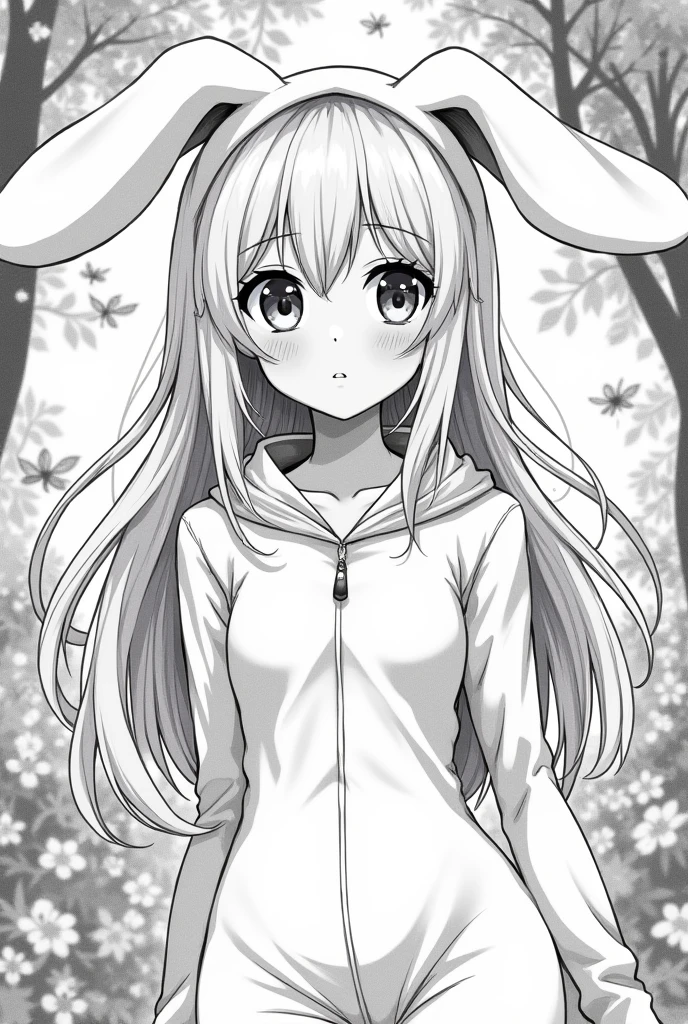 Monochrome manga style, youthful girl aged 18, striking blue eyes, porcelain pale skin, luminous white hair cascading down, hourglass figure accentuated in form-fitting bunny costume, average height enhancing relatability, expression radiating playful charm and innocence, dynamically posed within an enchanting backdrop, intricate detailing emphasizing character features in traditional manga style, expressive large eyes drawing viewers into the narrative, soft shadows and highlights creating depth, sharply defined lines emphasizing contours and movement, whimsical touches reflecting the playful nature of the bunny costume, characters illustrated in a way that embodies the unique aesthetic of manga with smooth hatching techniques, careful attention to fabric details of the costume blending texture and form, capturing the essence of youthful exuberance in a light-hearted narrative, visually appealing composition highlighting enchanting innocence and charm, monochrome palette enhancing dramatic effect, sharply contrasting blacks and whites, perfectly balancing character design with background intricacies, balancing light and shadow for a dreamy effect reminiscent of classic manga aesthetics.
