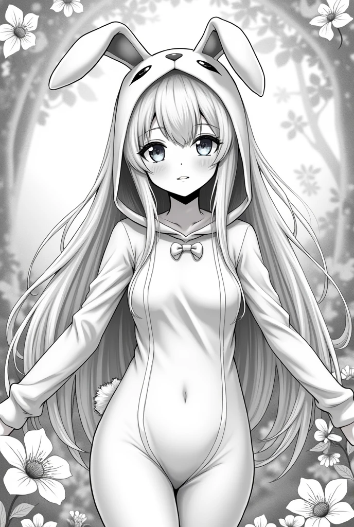 Monochrome manga style, youthful girl aged 18, striking blue eyes, porcelain pale skin, luminous white hair cascading down, hourglass figure accentuated in form-fitting bunny costume, average height enhancing relatability, expression radiating playful charm and innocence, dynamically posed within an enchanting backdrop, intricate detailing emphasizing character features in traditional manga style, expressive large eyes drawing viewers into the narrative, soft shadows and highlights creating depth, sharply defined lines emphasizing contours and movement, whimsical touches reflecting the playful nature of the bunny costume, characters illustrated in a way that embodies the unique aesthetic of manga with smooth hatching techniques, careful attention to fabric details of the costume blending texture and form, capturing the essence of youthful exuberance in a light-hearted narrative, visually appealing composition highlighting enchanting innocence and charm, monochrome palette enhancing dramatic effect, sharply contrasting blacks and whites, perfectly balancing character design with background intricacies, balancing light and shadow for a dreamy effect reminiscent of classic manga aesthetics.