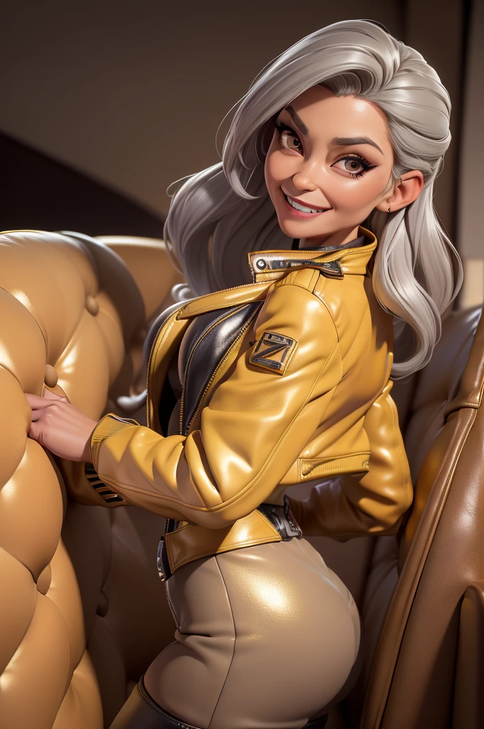 obra prima, melhor qualidade, ((only one woman,)) ((granny, 70 years, tan skin, straight gray hair, heavy vamp makeup eye shadow, deep dimples, wide open mouth toothy smile,)) (((wearing thigh length dark yellow metallic leather jacket,))) (((jacket is zipped up, jacket covers waist and ass,))) ((jacket has stiff high collar,)) body is very skinny, (((behind couch,))) ((her arms are folded, her back is arched, her shoulders lean way back, head tilted way back,)) ((camera front view of body, extreme closeup view of upper body,)) shallow depth of field, highres, HD, 8k, anatomically correct