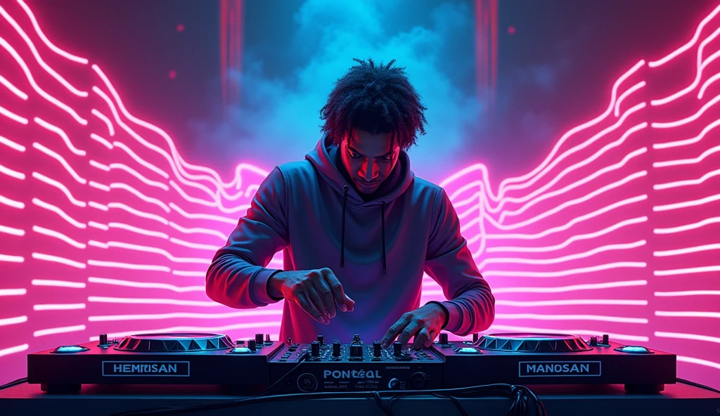 an electronic music DJ, in the background neon sound waves,neon energy, illustration