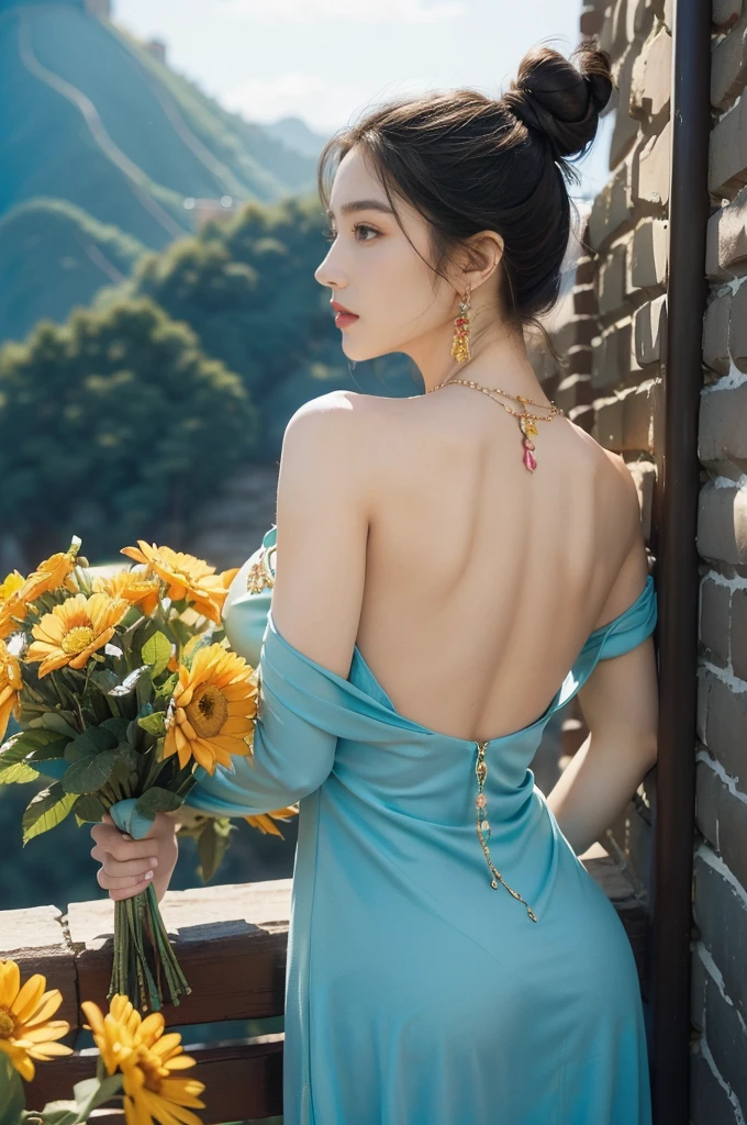 (((best quality))), (((ultra detailed))), (((masterpiece))), illustration,((1 beautiful girl,solo)),(on the Great Wall:1.3),(neat bun:1.2),((earrings,necklace)),((slim,thin)),((bare back,towering hips,butt crack)),((October, sunny, autumn,bright sunshine)), magnificent mountains,(maxi gorgeous Exquisite embroideried red dress:1.3),(stockings:1.3),(standing:1.3),gracefully,(detailed bright eyes:1.3),(fair skin:1.3), radiant,sparkling, vibrant colors,(colorful flowers:1.3), elegance, strength, perseverance, majestic, awe-inspiring, fluffy white clouds,((from back,upper body))