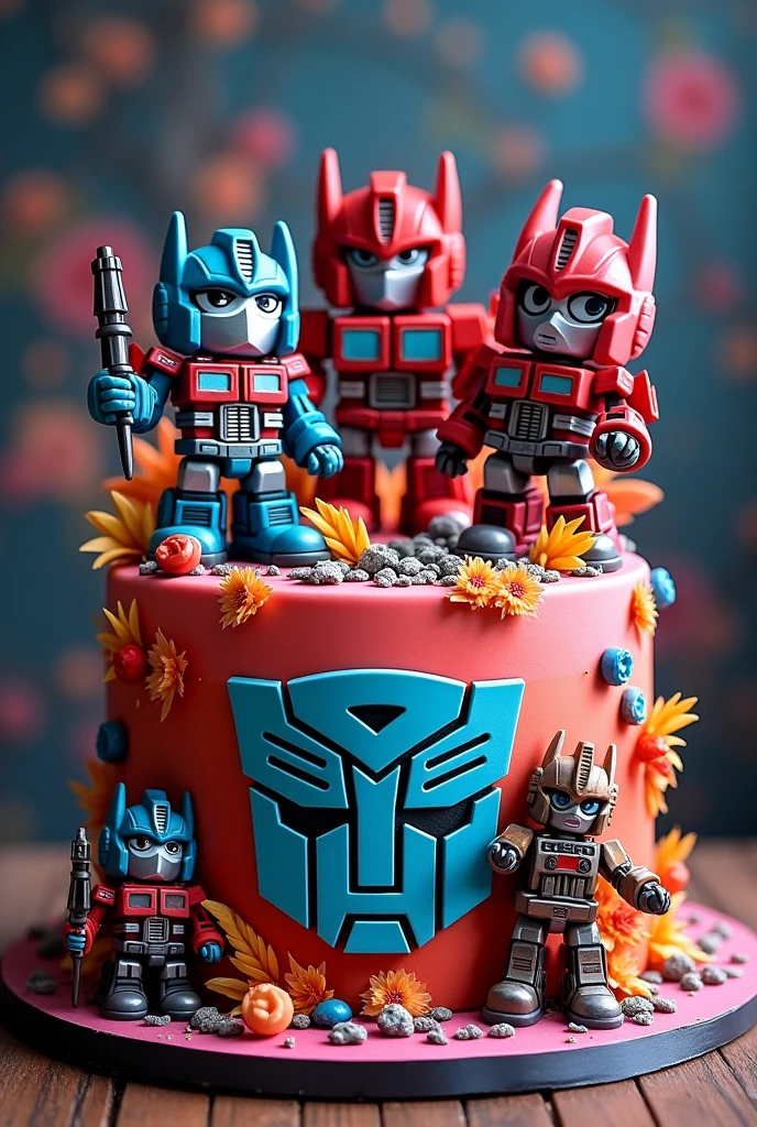 Imagine a magnificent fondant birthday cake adorned with 3D designs of edible miniature transformer robots and vibrant colors. The bold large "Happy Birthday Art - Of - Han" edible sticker shown at front side view of the cake
