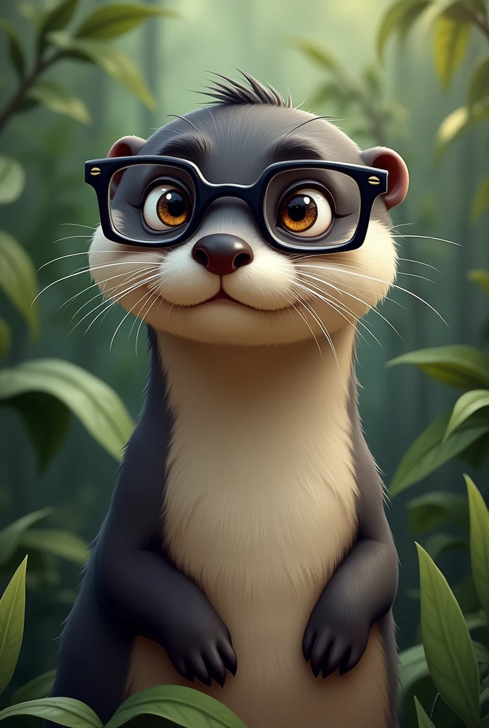 Create an otter with square black glasses and short, wavy black hair