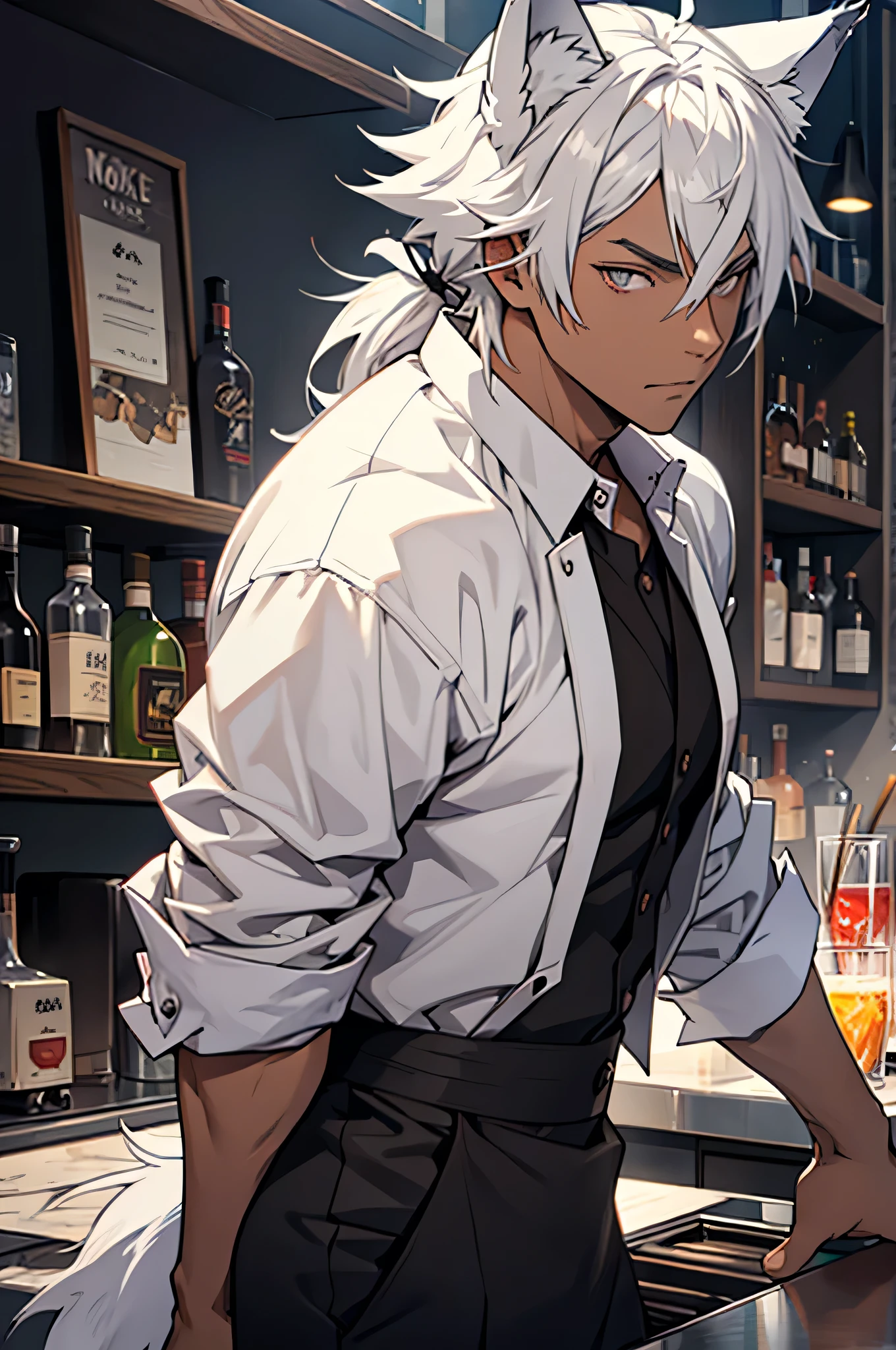 Anime guy with white hair, bartender outfit, wolf ears, wolf tail, brown skin, grey eyes, ice