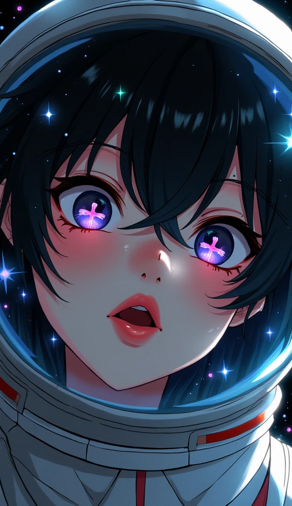 (Face close-up:1.5)0.9]、(Space and astronauts:1.2) (Messy black hair:1.1) (black eye) (Space Helmet:1.0) (Colored stars in the eyes:1.0) (Shining Sparkle:1.1) (Thick lips:0.9)、Stars reflected in the helmet々、Many water droplets floating inside the helmet、Sweat