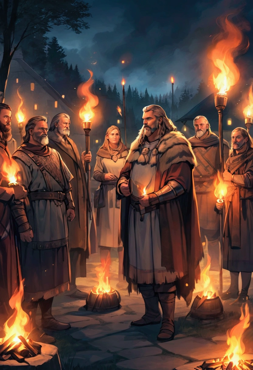 Create a character sheet for a meeting of Iron Age Germanic trivial chieftains at an open-air meeting at night under the light of the torches