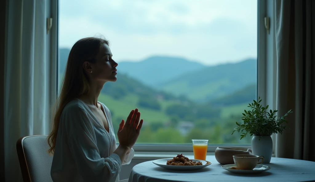 an image closeup of a woman in prayer having breakfast in front of a window at home with a beautiful landscape outside. blue tones