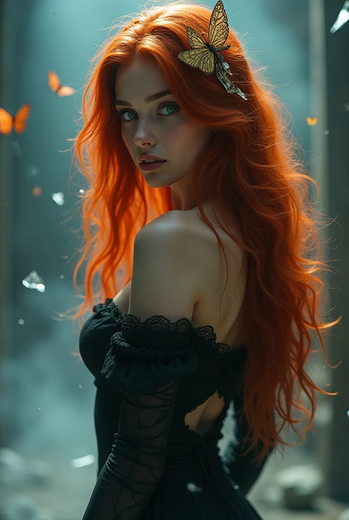 (Alone, Full body photo:1.3), (action packed:1.3), (Hoar, fog, fog:1.3), chiaroscuro, Best Quality, photorealistic, 1 WOMAN WITHOUT CLOTHES
, (Beautiful), (24 years:1.2), redhead, Cabello largo redhead muy detallado, 1700s DECADE, digital photography, art by artgerm and ruan jia and greg rutkowski surreal painting golden butterfly filigree, broken glass, (masterpiece, side lighting, finely detailed fashionable eyes: 1.2) (large eyes, oval and perfect looking at the viewer.), beautiful detailed face, beautiful perfect blue eyes, (blonde hair ponytail), (attractive young woman:1.3), (incredibly thick hair), (seductive:1.1), (blush:1.1)
