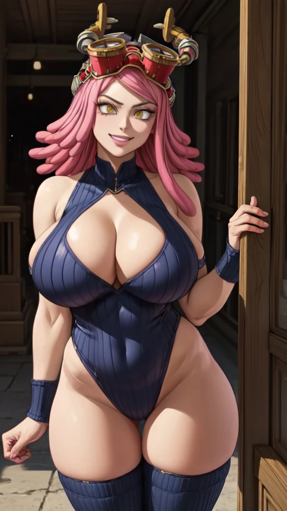 MeiS2, Pink hair, Goggles on head, Symbol-shaped pupils, Yellow eyes, medium hair, gigantic breasts, cleavage, leotard, 1girl, correct anatomy, BREAK, ((masterpiece, highest quality, best quality, official art, beautiful and aesthetic: 1.2, extremely detailed, fractal art: 1.3, colorful, highest detailed, HDR, vivid visual effects)), BREAK, ((Detailed eyes, Detailed face, Detailed eyes, perfect face)), BREAK, seductive look, grinning, 