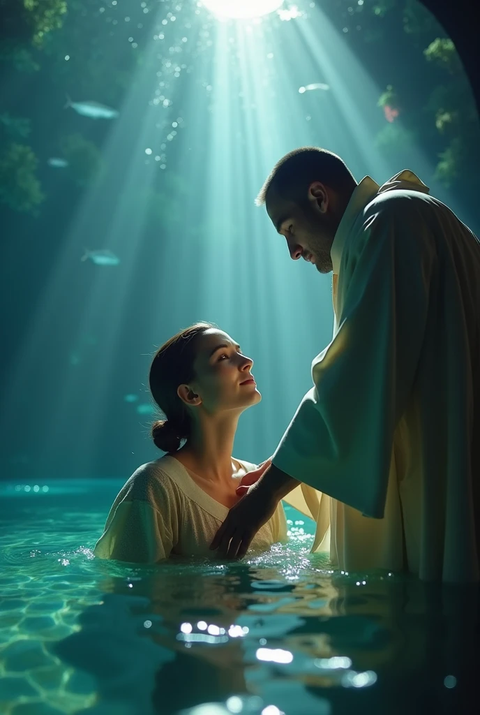 A person being baptized by a pastor in close up 4k in an aquarium pool.beam of light descending from the sky symbolizing the Holy Spirit