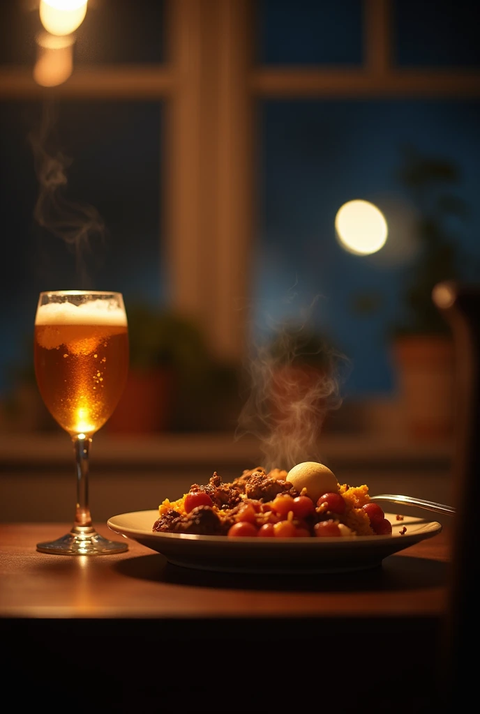 dinner at home, plate served, beer in the glass, In the Half Light, but in a darker environment, seen in first person. as if it were a photo taken on a cell phone for social media and without human beings appearing