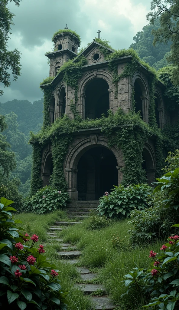 A 3d old building in jungle grass and flowers on walls grassy land plants flowers black rainy clouds in sky like horror