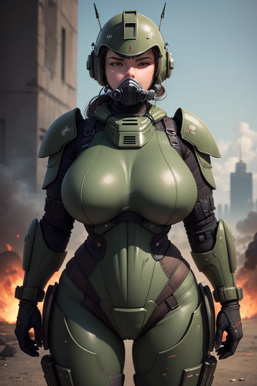Voluptuous failed style with very wide and large curves with a military ballistic power armor armor helmet ballistic mask technology