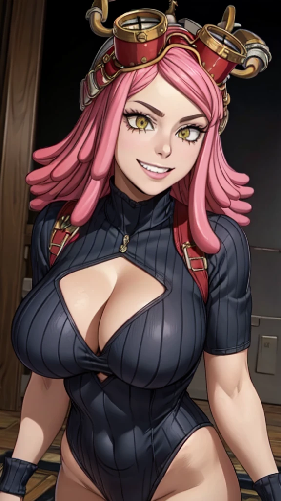 MeiS2, Pink hair, Goggles on head, Symbol-shaped pupils, Yellow eyes, medium hair, gigantic breasts, cleavage, leotard, 1girl, correct anatomy, BREAK, ((masterpiece, highest quality, best quality, official art, beautiful and aesthetic: 1.2, extremely detailed, fractal art: 1.3, colorful, highest detailed, HDR, vivid visual effects)), BREAK, ((Detailed eyes, Detailed face, Detailed eyes, perfect face)), BREAK, seductive look, grinning,