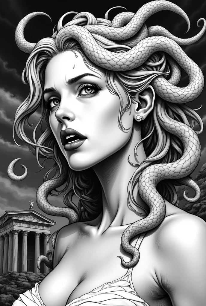 Monochrome manga style, iconic Medusa, mythical Gorgon, ferocious yet tragic appearance, striking visage framed by ethereal snake hair, serpents coiling and twisting, intense glare capable of petrifying any who dare gaze directly into her eyes, dynamic pose accentuating her power and sorrow, delicate features juxtaposed with unleashed rage, intricately detailed scales of each snake, rendered with expressive hatching and inked lines capturing movement and energy, deep shadows emphasizing the contours of her face, dramatic background hinting at the ancient ruins of Greece, dark stormy skies foreboding her fate, tension palpable in the air as she faces her ultimate confrontation with Perseus, an embodiment of the clash between hero and monster, sharp contrasts enhancing the gothic atmosphere, exaggerated expressions embodying the essence of manga art, expertly crafted line work delivering emotional weight, cinematic composition focusing on Medusa's haunting beauty, tragic allure accentuated by the impending doom of her beheading, illustrated with skilled traditional manga techniques, monochrome shading invoking a sense of nostalgia and artistry worthy of classic Japanese graphic novels