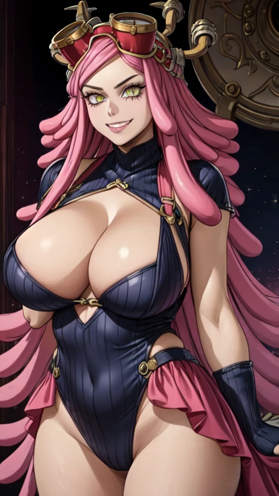 MeiS2, Pink hair, Goggles on head, Symbol-shaped pupils, Yellow eyes, medium hair, gigantic breasts, cleavage, leotard, 1girl, correct anatomy, BREAK, ((masterpiece, highest quality, best quality, official art, beautiful and aesthetic: 1.2, extremely detailed, fractal art: 1.3, colorful, highest detailed, HDR, vivid visual effects)), BREAK, ((Detailed eyes, Detailed face, Detailed eyes, perfect face)), BREAK, seductive look, grinning,