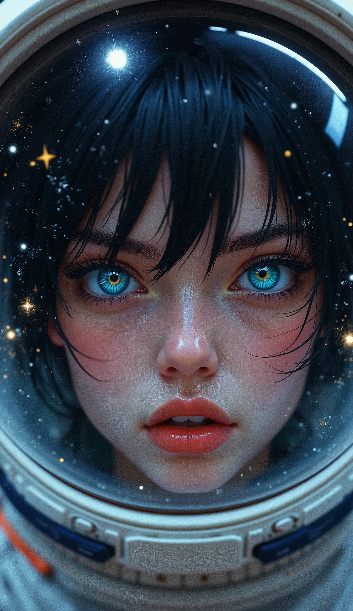 (Face close-up:1.5)0.9]、(Space and astronauts:1.2) (Messy black hair:1.1) (black eye) (Space Helmet:1.0) (Colored stars in the eyes:1.0) (Shining Sparkle:1.1) (Thick lips:0.9)、Stars reflected in the helmet々、Water droplets inside a helmet、Sweat、impatience