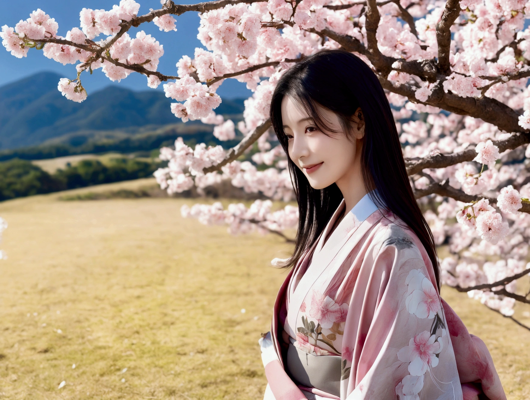 Pale pink undertones、Warm smile、Highest quality、8k、Ultra-high resolution、Spectacular landscapes、In the grassland、Realistic photo style、Healthy body shape、Sparkling Eyes、Flowing jet black hair、A gorgeous kimono with a cherry blossom motif、Calm expression、Soft natural light、Contemporary Japanese art style、Pale colors、Quiet atmosphere、Detailed Features、Graceful pose, Wide view, How to shoot like a drone