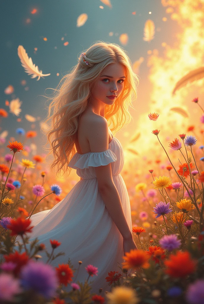 Digital art: blonde girl on a colorful flower field, feathers falling, full body, flames