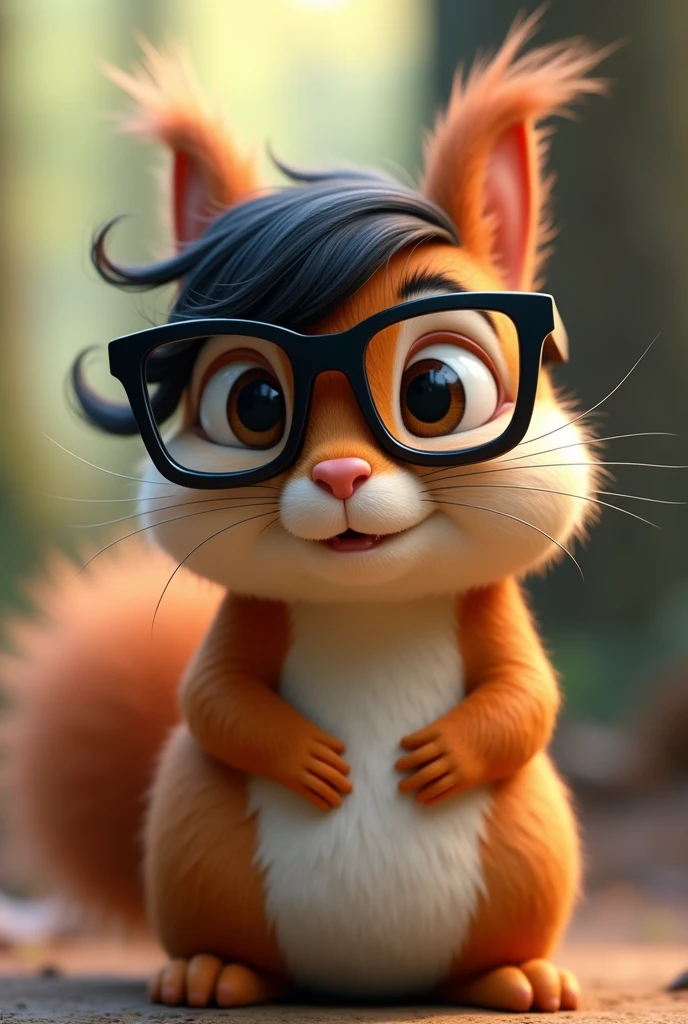 Create a squirrel with square black glasses and wavy, slightly long black hair.