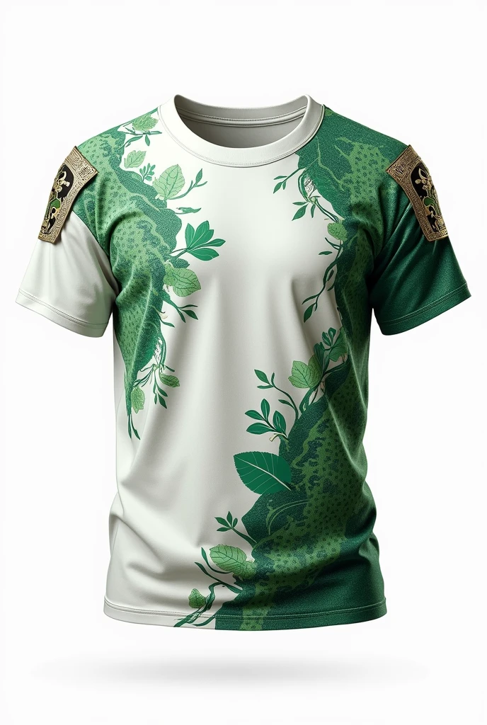 White T-shirt with green patterns and knight-inspired patches on the shoulders and side, on a white background