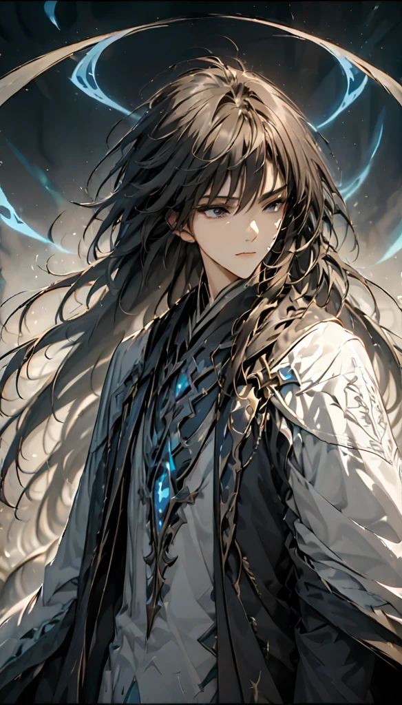 In the beginning of chaos，The tall and slender Fuxi stands，Handsome and resolute face，Long hair flutters in the wind，Wearing animal skin robes embroidered with Mystical Runes。 Prompt word：Chaos World，Tall Fuxi，Handsome and resolute，Long hair fluttering，Animal skin robes，Mystical Runes