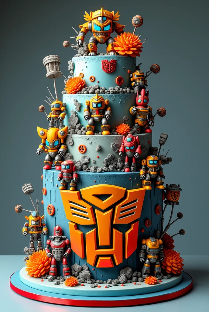 Imagine a magnificent tall fondant birthday cake adorned with 3D designs of edible miniature transformer robots and vibrant colors. The bold large "Happy Birthday Art - Of - Han" edible sticker shown at front side view of the cake