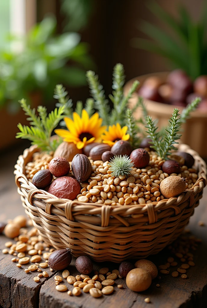 Basket with seeds, Species, seeds, nuts