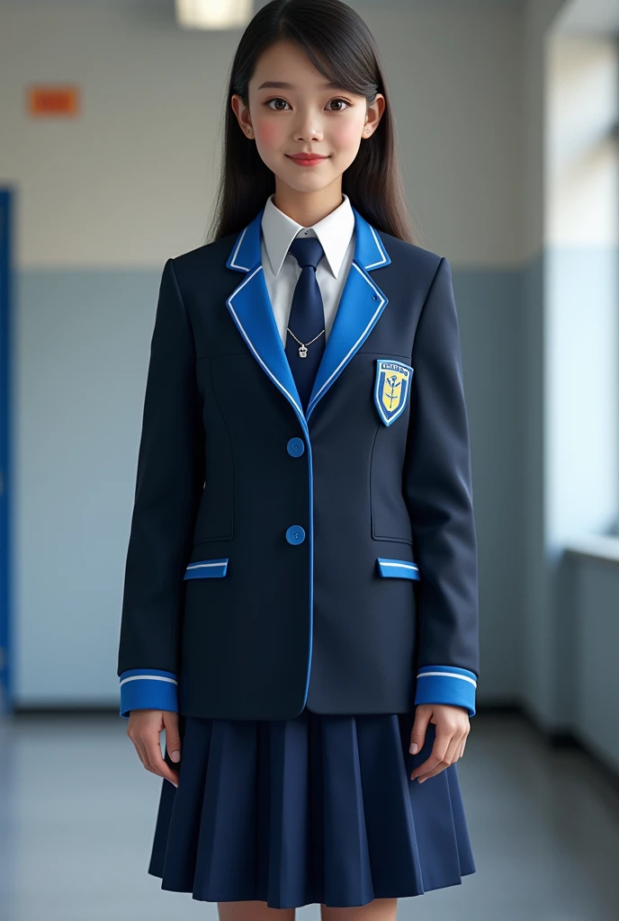 School uniform with blue borders and the name Gurjão