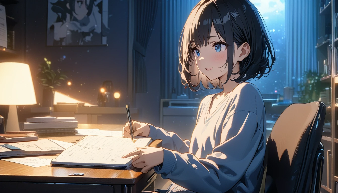 ((ultra-detailed))/(one women with short black hair and bob hair.、beautiful blue eyes,.、smile、gentle smile on her face、flat chest, one Beautiful girl,((masterpiece, illustration, best quality) ((ultra-detailed))/)Masterpiece\,sitting on her desk at her bedroom while its night time and she is studying with her notebook while there are some pants in the background,濃い青とBeautiful Blueのグラデーション, High resolution, 8K HD detail, hyper-detail, cinematic, surrealism, soft light, deep field focus bokeh, ray tracing and surrealism. --v6'