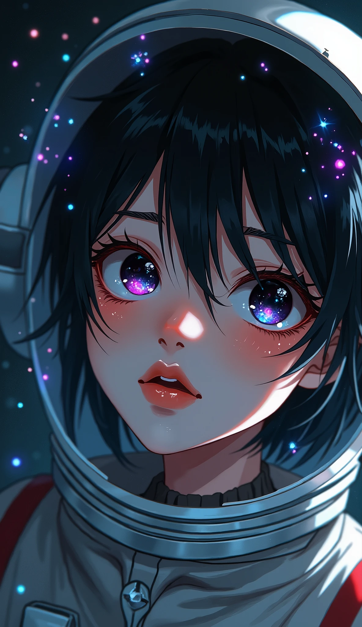 (Face close-up:1.5)0.9]、(Space and astronauts:1.2) (Messy black hair:1.1) (black eye) (Space Helmet:1.0) (Colored stars in the eyes:1.0) (Shining Sparkle:1.1) (Thick lips:0.9)、Stars reflected in the helmet々、Many water droplets floating inside the helmet、Sweat