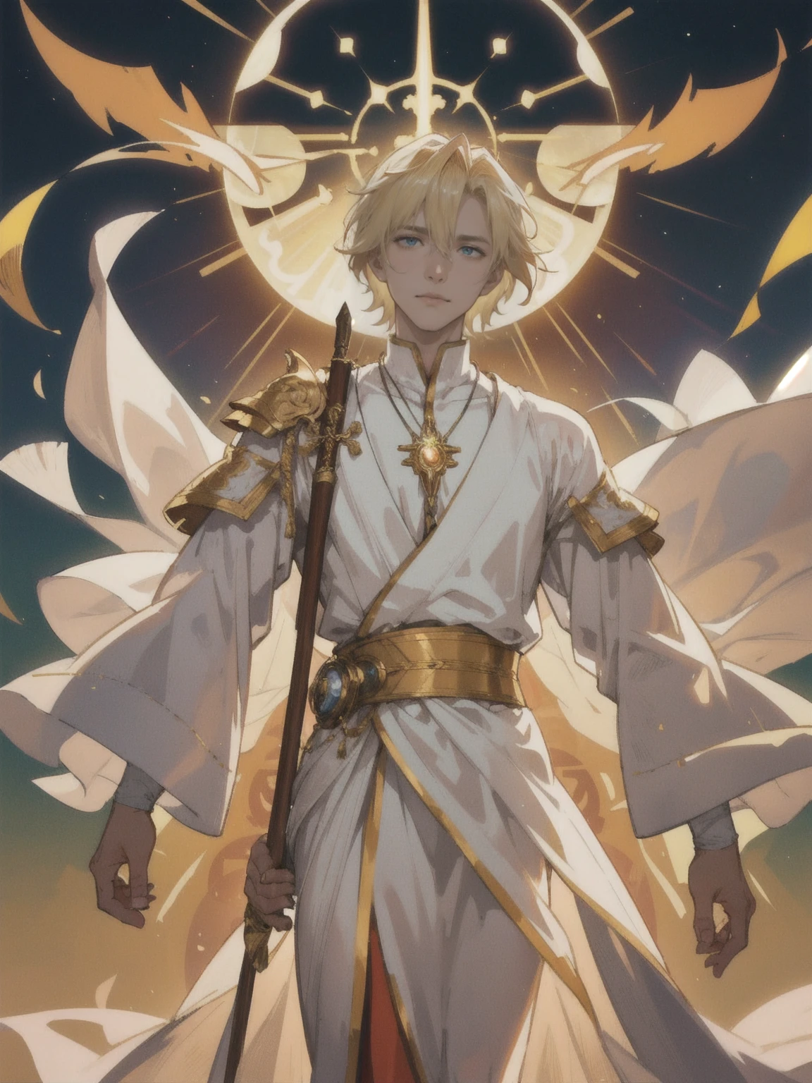 Theron stands tall, a young man of striking beauty and quiet strength, in his early twenties. His golden-blond hair cascades in soft, flowing waves down to his shoulders, catching the sunlight with each movement as if woven from the rays of dawn itself. His eyes, a deep and mesmerizing shade of amber, hold the warmth and depth of a setting sun, glowing with an inner light that reflects his wisdom and gentle soul. There’s a softness in his gaze, but also a subtle intensity, hinting at a past filled with both light and shadow.
His skin is a warm, sun-kissed tan, smooth and unblemished, bearing the light of countless days spent under the sun. He wears robes of pale gold and white, their fabric shimmering faintly as if spun from the very essence of sunlight. The robes are intricately embroidered with ancient symbols of the sun and celestial light, each stitch a testament to his role as a guardian of balance in the world of Lunaris. The edges of his robes are lined with threads of silver, catching the light as he moves with the grace of a seasoned warrior.
Around his neck hangs a delicate pendant in the shape of a radiant sun, its golden surface etched with intricate runes and glowing faintly with celestial magic. The pendant seems to pulse with life, a constant reminder of the powerful connection he shares with the sun, and the great responsibility that weighs upon his shoulders. His build is lean, with muscles honed from years of training, yet there is a natural elegance in his posture, exuding an aura of calm and peace.
In his hand, Theron carries a staff made of luminous wood, its surface smooth and polished, glowing faintly in the daylight. The staff is topped with a large, perfectly cut crystal that pulses with a warm, golden light, casting gentle beams that dance around him like sunlight filtering through leaves. The staff is not just a weapon but an extension of his own spirit, symbolizing his deep connection to the celestial forces he commands.
Theron’s expr