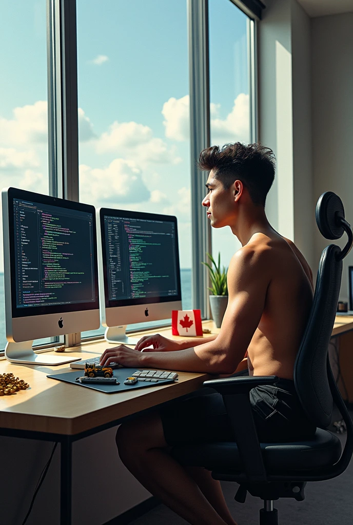 A mixed-media creation blending photography and painting, three piles of little golden coins, canada flag, truck toy, perfect composition, latino, view from aside, young man, perfect anatomy, young, latino, handsome, gorgeous, barefoot, skinny detailed muscles, swimmer, typing at a modern desk with multiple computer screens displaying lines of code and complex algorithms. large windows to see the river, tree piles of little golden coins, red maple leaf, truck toy, Their workspace is neat and organized.
