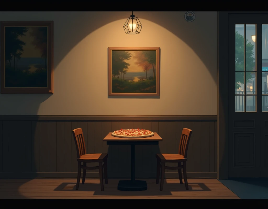 only one table, 3 chairs, a cheese and ham pizza on the table, with no one sitting, an artistic painting on the wall, It's anime-style night inside a pizzeria