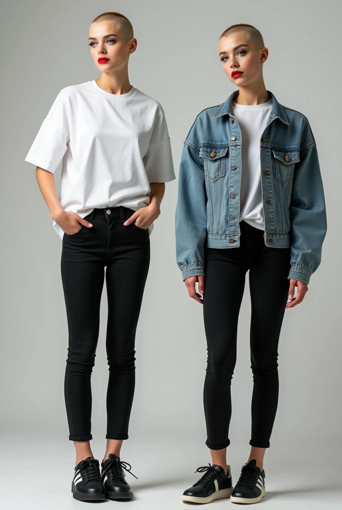 A beautiful trans female Caucasian, tall,buzz haircut,wide hips ,flat chested,wearing oversized white long t-shirt untucked and black tight jeans and black sneakers with white stripes,red lipstick, polished nails, fitting denim jacket , front,side and back view of her 8k resolution
