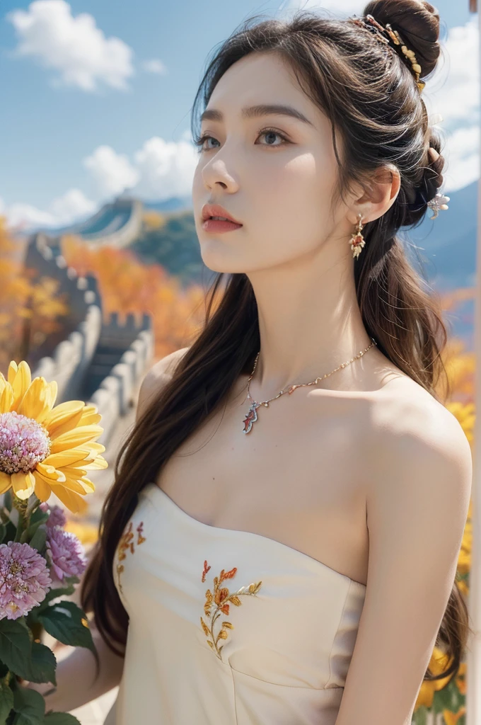(((best quality))), (((ultra detailed))), (((masterpiece))), illustration,((1 beautiful girl,solo)),(on the Great Wall:1.3),(neat bun:1.2),((earrings,necklace)),((slim,thin)),((small breasts,flat chest)),((October, sunny, autumn,bright sunshine)), magnificent mountains,(strapless gorgeous Exquisite embroideried red bra:1.3),gracefully,(detailed bright eyes:1.3),(fair skin:1.3), radiant,sparkling, vibrant colors,(colorful flowers:1.3), elegance, strength, perseverance, majestic, awe-inspiring, fluffy white clouds,((from front,close-up of face))