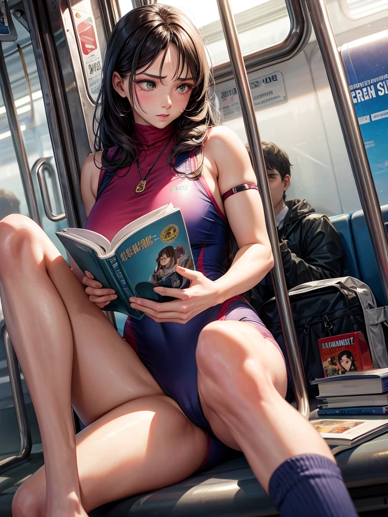 A female wrestler reading a book on the train