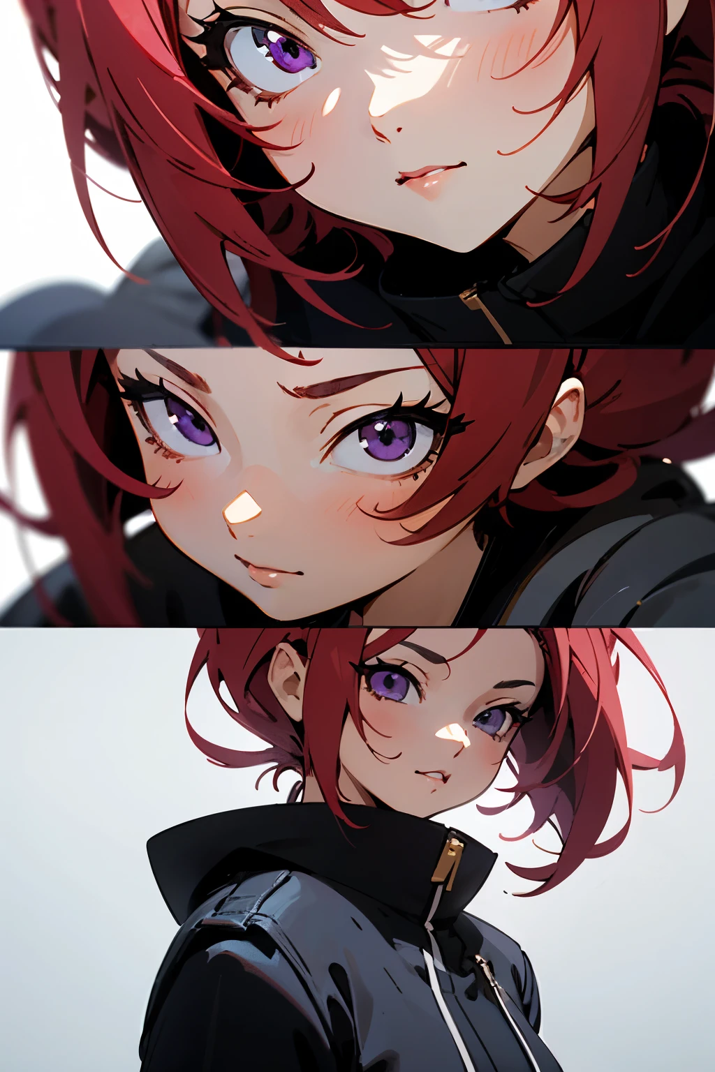 anime girl with red hair and purple eyes wearing a black jacket, render of a cute 3d anime girl, animated styled 3d, stylized anime, 3d realistic anime style., stylized anime, Very detailed anime, detailed anime soft face, very detailed character, made with anime painter studio, Close-up character, animated style character, animated style. 8k