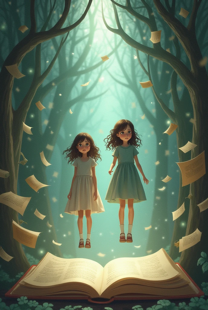 A 2 girl with a worried expression, floating surrounded by a parallel world Like a book cover