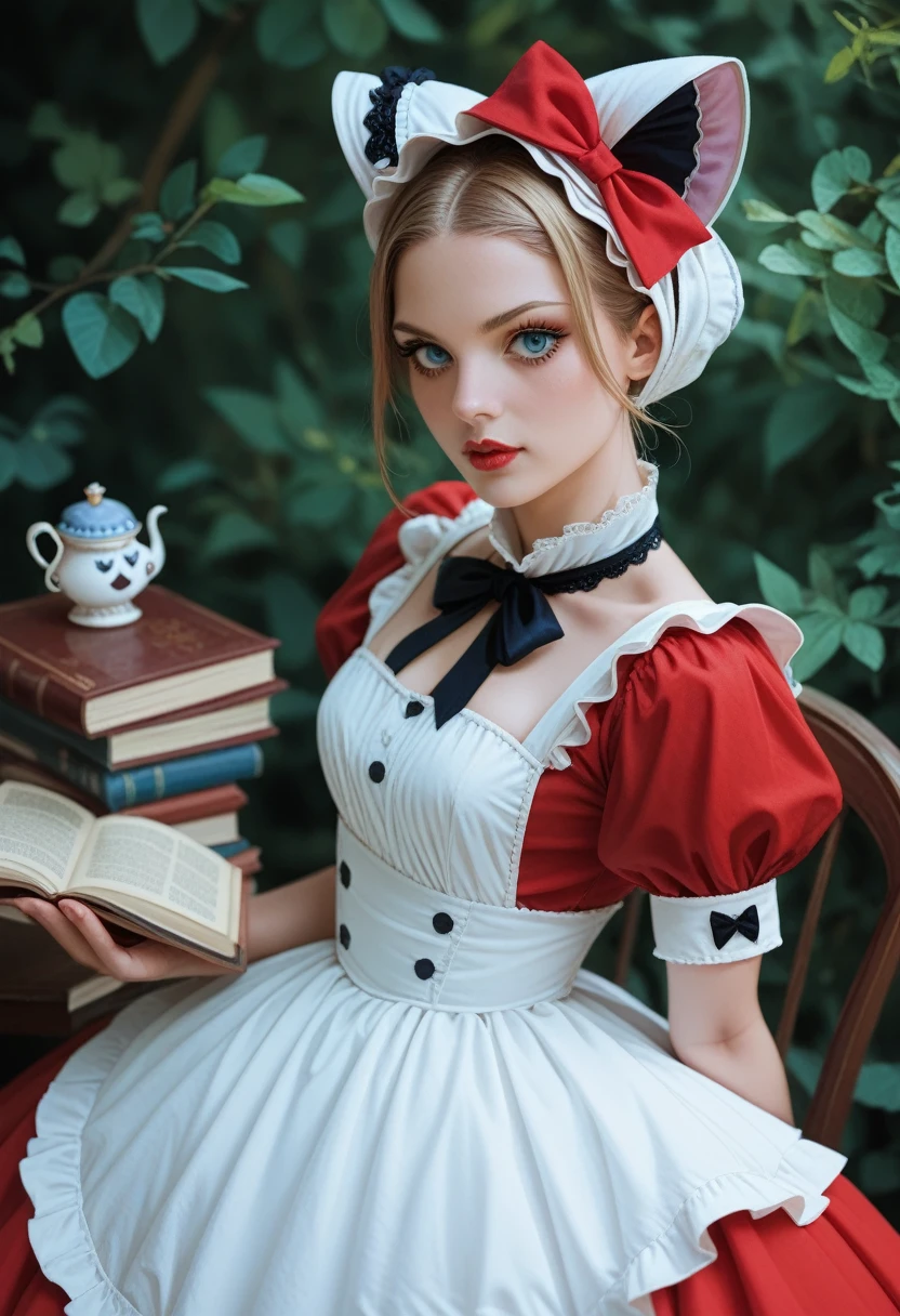 Alice in Wonderland, in red dress, with Cheshire Cat, vector image book cover