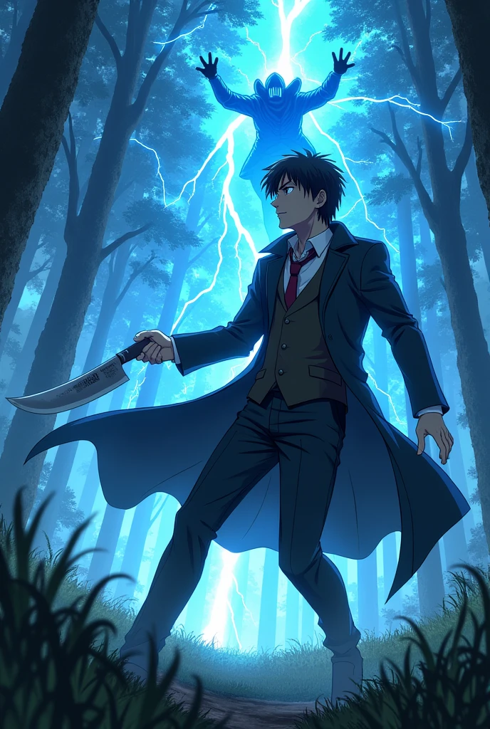 ((Best Quality)), ((masterpiece)), ((detailed)), ((High Definition)), An epic fight between a hunter and a skinwalker in anime style. The hunter wears a suit and a trench coat, ready for any fight, with a machete in hand, with a sharp blue aura. dynamic movements, fighting pose, running forward, with the lightning on his back. with a forest in the background.
