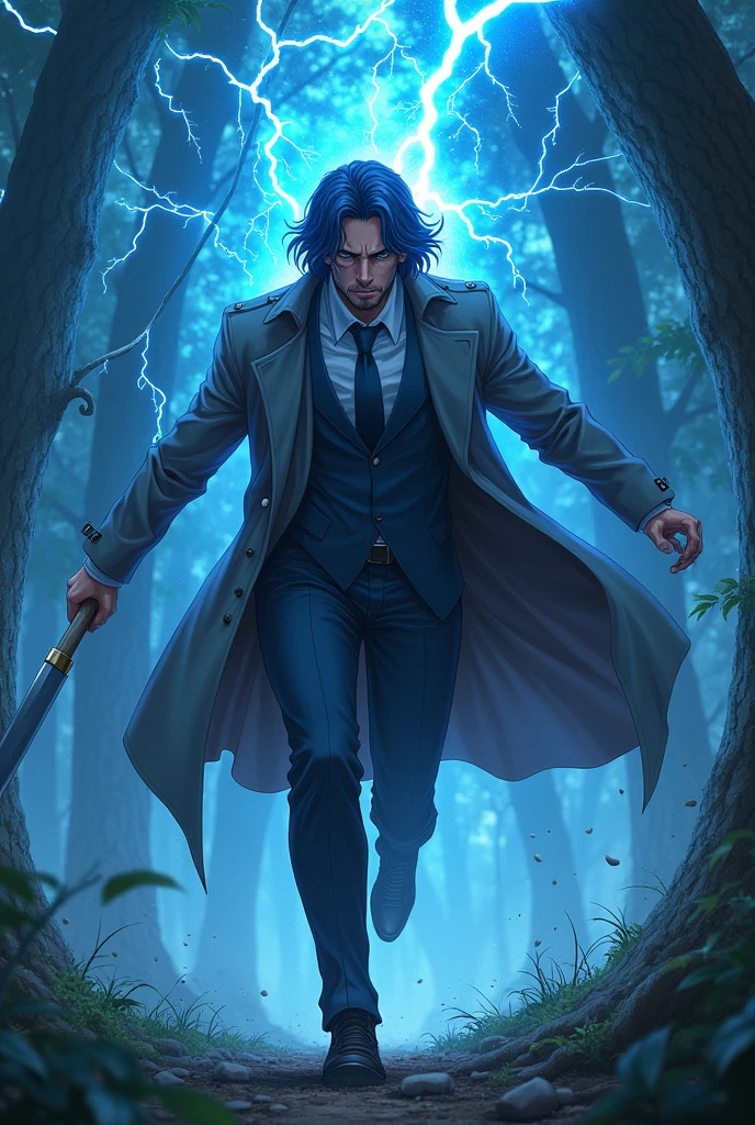 ((Best Quality)), ((masterpiece)), ((detailed)), ((High Definition)), An epic fight between a hunter and a skinwalker in anime style. The hunter wears a suit and a trench coat, ready for any fight, with a machete in hand, with a sharp blue aura. dynamic movements, fighting pose, running forward, with the lightning on his back. with a forest in the background.