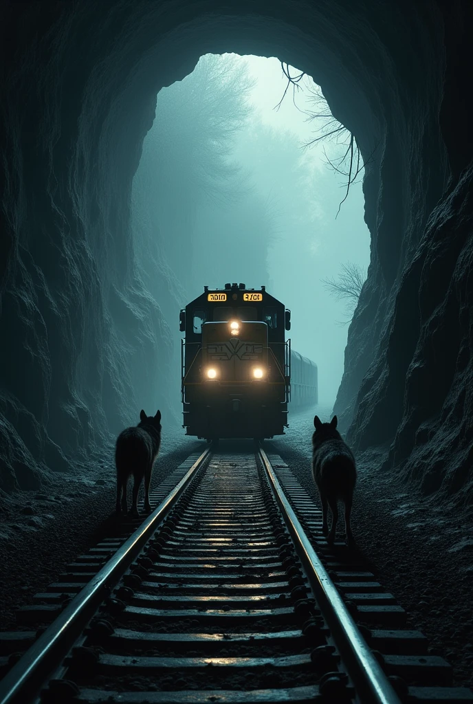 Wallpaper com um trem da Norfolk Southern, inside a dark tunnel, with the headlights on, and next to the train line, lobos.
