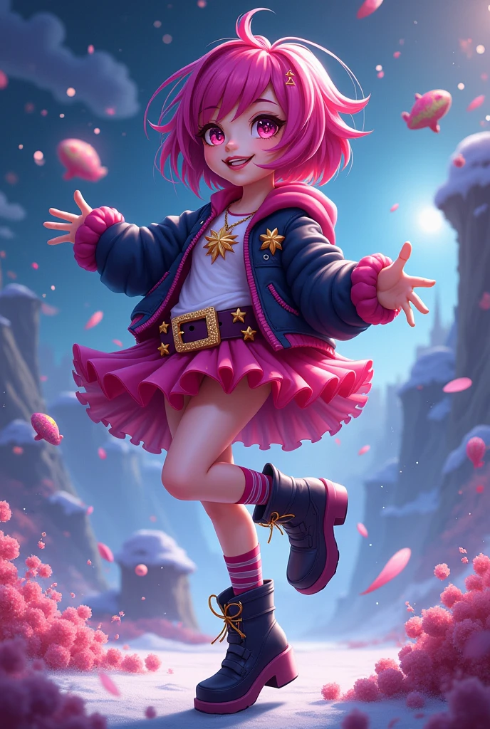 Star Darlings Scarlet. Scarlet from Star Darlings. Scarlet has short magenta hair with streaks of black in it and fuchsia eyes. She wears clothing consisting of black and pink with a sassy and noticeable style; a magenta hoodie with a white shirt underneath and a  dark jacket on top, a cerise and dark magenta ruffled tutu secured with a sparkly belt and pink and black striped socks. Like all Starlings, her skin is slightly sparkly and bears a light complexion. Her Wish Pendant is a row of star-shaped buckles on each of her boots, which do more than secure them to her feet. They also alert her that she's close to her Wisher! After being welcomed back into the Star Darlings, Lady Stella gave her a new pair of boots to replace the ones she had to give back. Starland resembles Earth or Wishworld, possessing unnamed continents and oceans, large cities and various landscapes. It’s most notable trait is the widespread wish energy that makes nearly, if not all parts of the planet glimmer. It hosts unique flora and fauna that are often edible. Unlike Wishworld, Starland lacks marine animals such as fish. In the series it appears to be nighttime constantly, while in artwork daylight skies are shown. In the books they’re heavily implied to experience daytime, supported by the presence of a Sun in their solar system as well as Lightfall. Just like Wishworld, Starland gets rain, snow, wind, and lots of sunlight. However snow takes a form heavily resembling confetti, as it appears as colorful shining flakes. Rain is also more of a glittery wet mist in various colors than clear drops of wather. Starlings are a species of humanoid beings who inhabit the planet of Starland, being the dominant species and providing energy to power their civilization. Starlings are largely indistinguishable from humans, or Wishlings, possessing a range of skin tones from pale to darker skin, body types, as well as various eye and hair colors. 