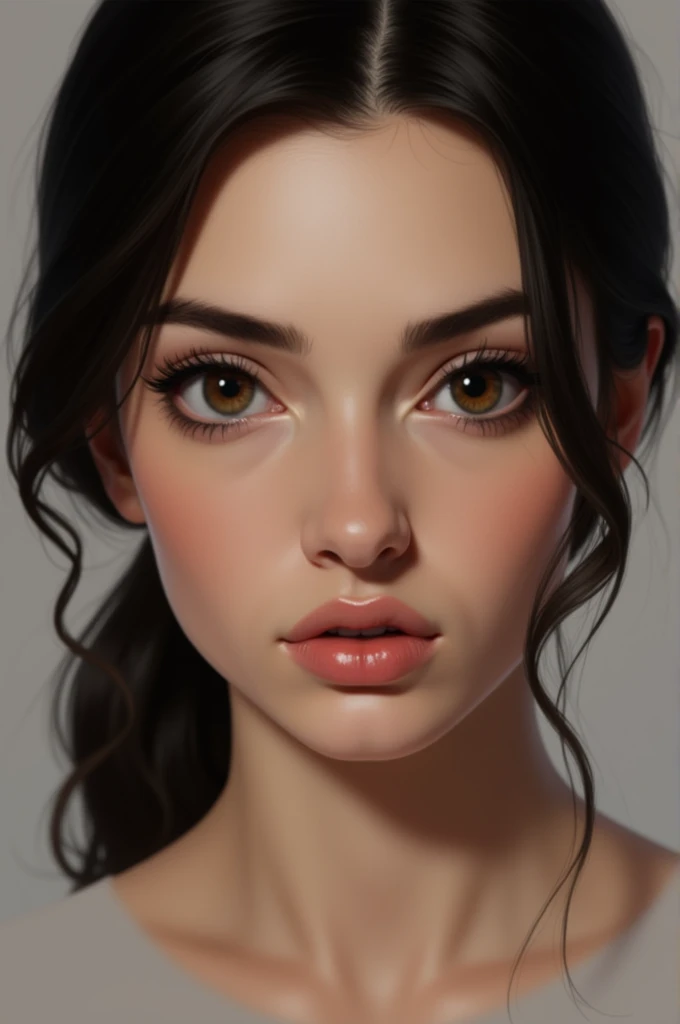 Visage d'une femme brune de face a la camera, very realistic and detailed