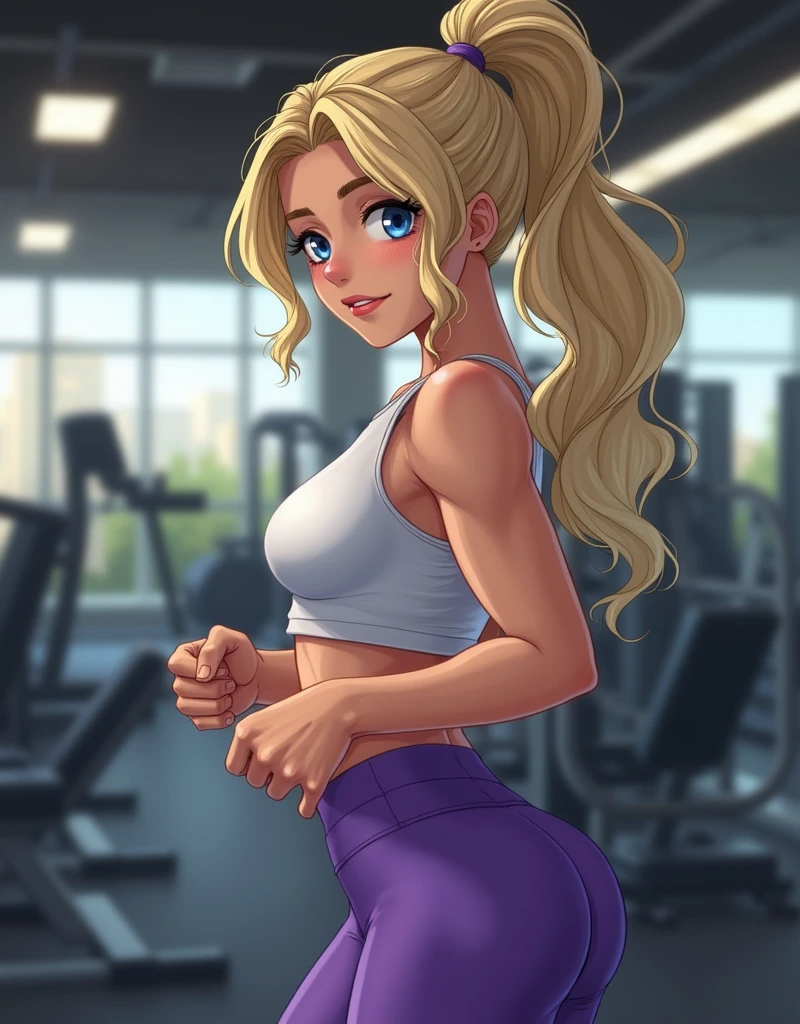 thepit bimbo, , 1 girl, blonde hair, long hair, petite, flat chest, pink crop top, gym shorts